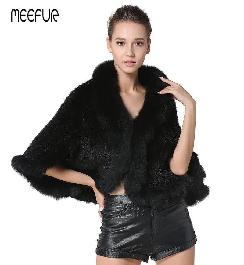 Classic Real Knitted Mink Fur Shawl with Fox Fur Collar Womens Casual ...