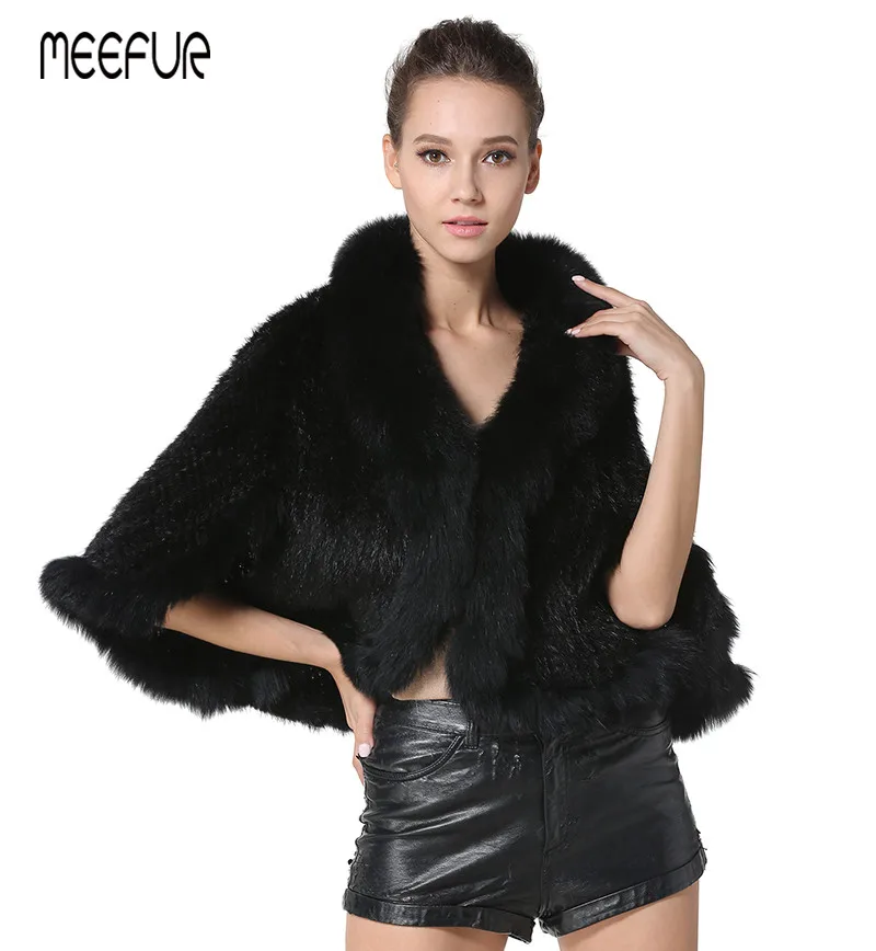 knitted shawl with fur collar