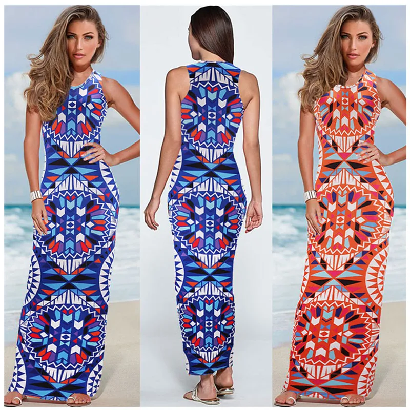 2016 font b Women b font Summer font b Dress b font Geometric Print Bohemian Beach