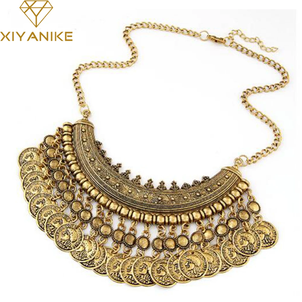 

Fashion Bohemian Fine Jewelry Maxi Vintage Choker Collar Statement Necklace Women Coin Tassel Necklaces & Pendants XY-N515