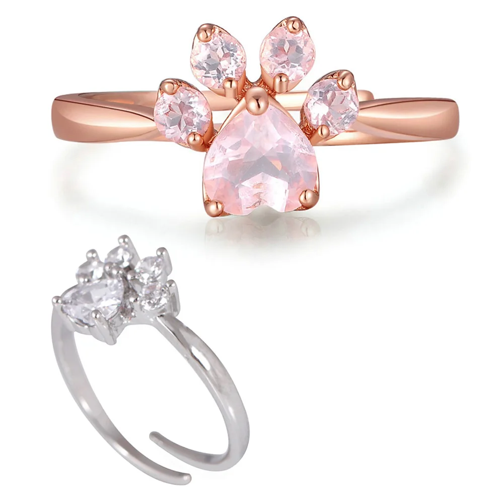 Women Cute Rings Paw Pattern Gold Silver Color Rings Inlaid Opening