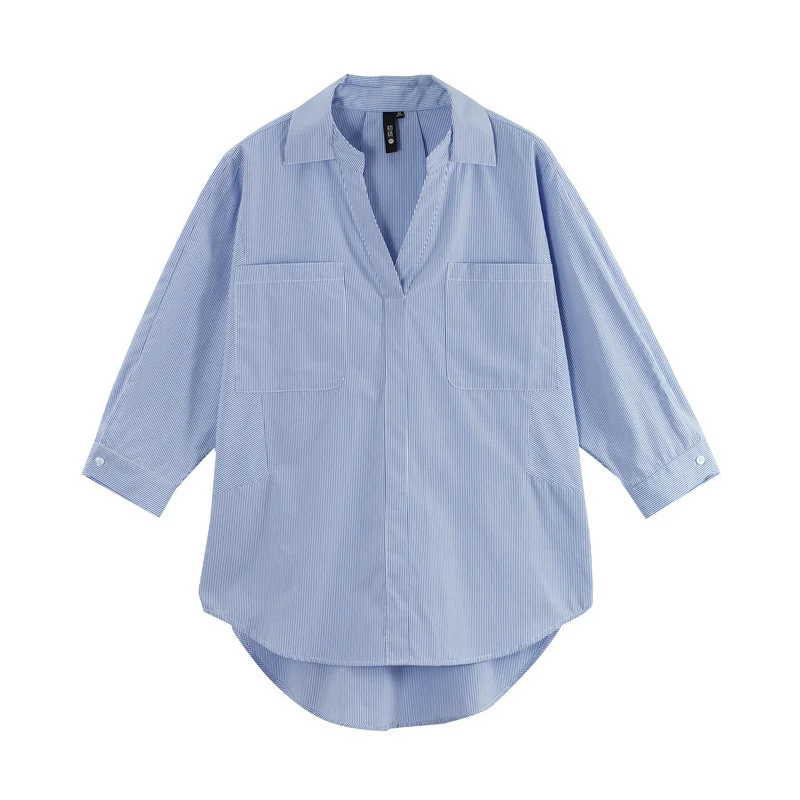 Toyouth Для женщин полосатая блуза рубашка Блузка с длинными рукавами футболки с v-образным вырезом Повседневное блузка et сорочка Femme Blusas Mujer de Moda - Цвет: Blue Striped