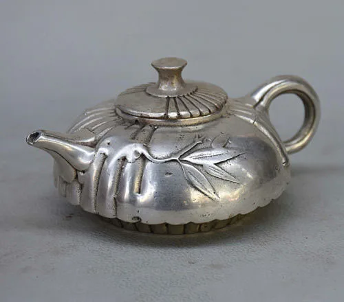 

11CM Folk Collection Chinese Silver Lucky Bamboo Statue Teapot Wine Pot Flagon
