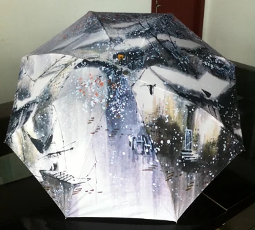 

High Quality Sun Rain Umbrella anti-uv Traditional Chinese Painting Umbrella with Heavy Snow Paint Beach Black Coating Umbrella