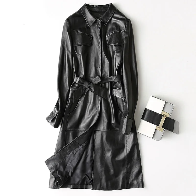 

Long style natural sheepskin leather coat women turn down collar adjustable sashes real leather jacket 2018 autumn winter