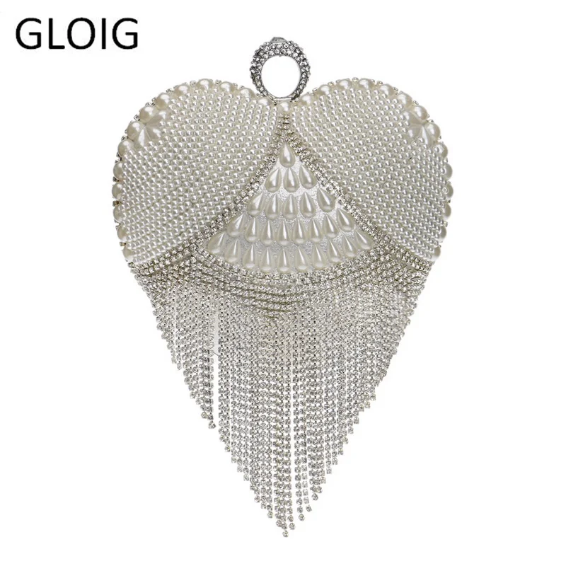 GLOIGTassel Rhinestones Evening Bag Finger Ring Diamonds Wedding Heart Clutch Handbags Chain Shoulder Party Pearl Christmas Gift