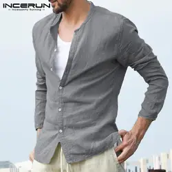 INCERUN 2019 осень Для мужчин рубашка из хлопка с длинными рукавами твердые кнопки Повседневное плотный облегающий Топ уличная винтажные