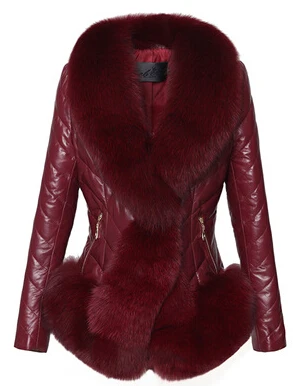 Пуховик из натуральной кожи, Женское зимнее пальто, высококачественное Модное теплое пальто с меховым воротником и белым утиным пухом BN1127 - Цвет: Bordeaux red