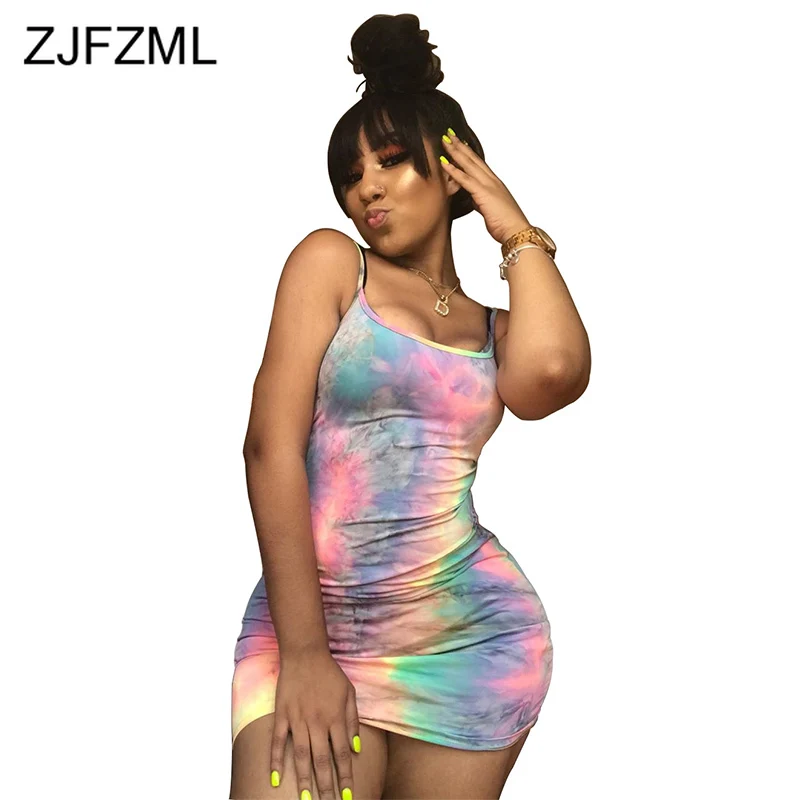 

Tie Dye Sexy Bandage Dress Women Backless Bodycon Spaghetti Strap Summer Dress Elegant Party Club Skinny Mini Wrap Dress Vestido