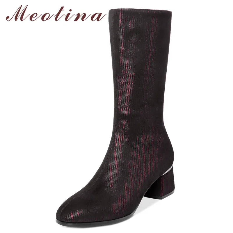 

Meotina Autumn Mid-Calf Boots Women Luxury Thick High Heels Elastic Boots Slim Stretch Round Toe Shoes Female Winter Size 34-39