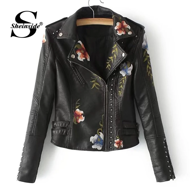 

Sheinside Flower Embroidery PU Leather Jacket Black Turn-down Collar Long Sleeve Crop Top Women Fall Winter Streetwear Coat