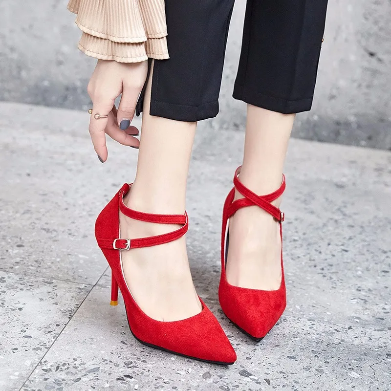 

EOEODOIT 2019 New Spring Leather Boots Pumps Shoes Sexy Pointy Toe Buckles High Stiletto Metal Heel Pumps Summer Women Sandals