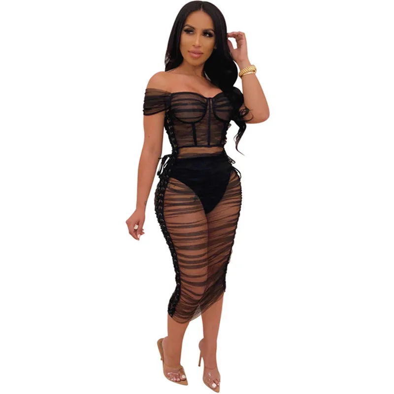 

Black Sheer Mesh Sexy Bodycon Dresses Women Summer Lace Up Off Shoulder Ruched Dress Elegant Night Club Birthday Party Dress
