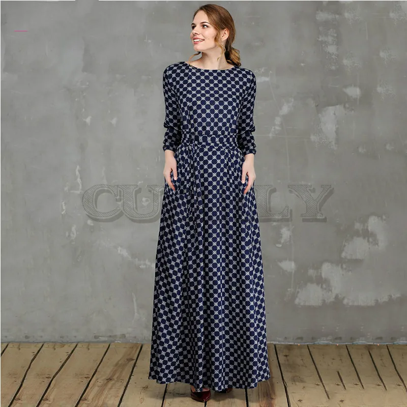 Image CUERLY 2019 New Arrival Women Vintage Dress Printing Party CUERLY Ladies Spring Summer 3 4 Sleeve Elegant Long Dresses