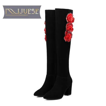 

MLJUESE 2019 women knee-high boots Cow Suede flowers winter short plush square heel high boots wedding women boots size 33-43