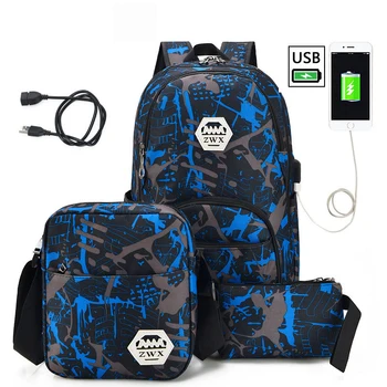 

For boys one shoulder bag student travel bag women 3 pcs /set USB Male backpacks high school bags men school backpack mochila