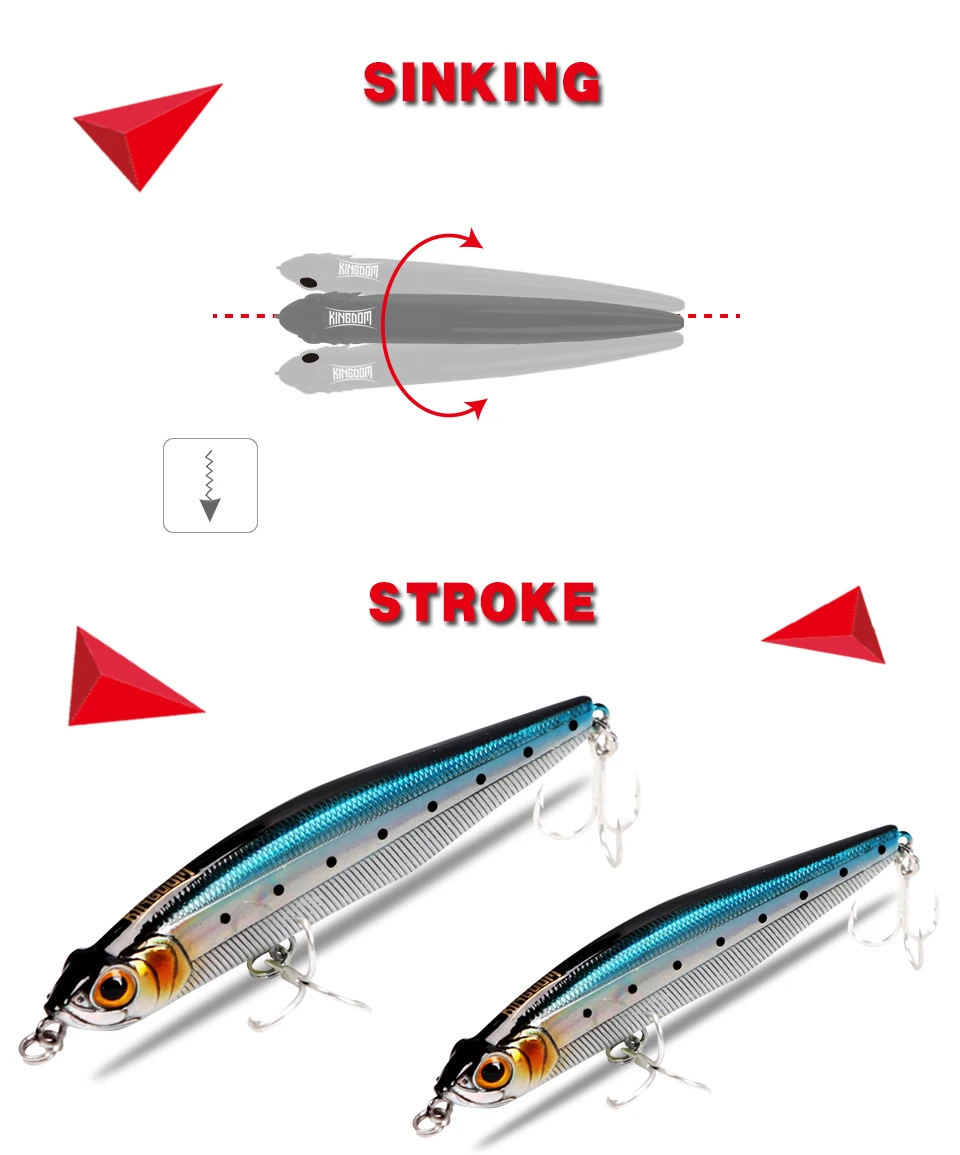 Kingdom Fishing Lures Hard Bait Slow Sinking Pencil 19.4g,85mm 29.7g,100mm Sea Bass China Artificial Lures Wobblers Model 5503 (6)