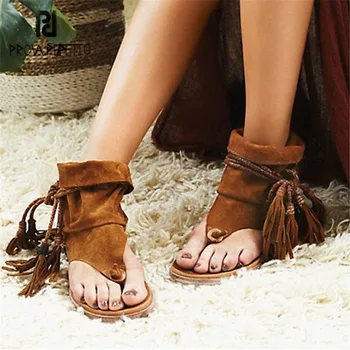 

Prova Perfetto Ethnic Women Gladiator Sandals Summer Flip Flops Beach Shoes Woman Casual Tassels Flats Retro Suede Sandalias