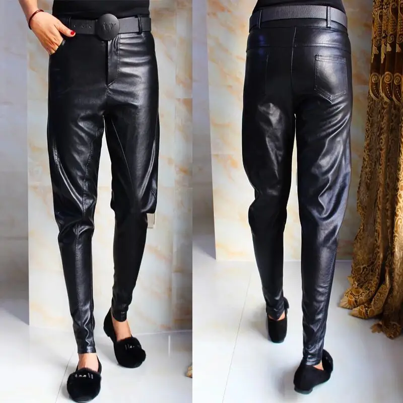 

Autumn Winter Women casual pants Slim Faux Harlan Leather Trousers PU pocket Leather Pants Women PU Leather Harem Pants Female