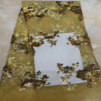 

2019 Upscale African Net Champagne Sequins Lace Tissu High Quality French Tulle Lace Wedding Nigeria fabric 5 Yards