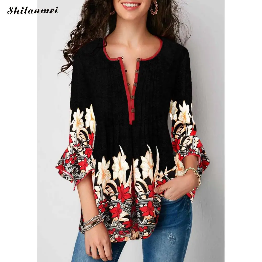 

Women Blouse Vintage Floral Printed Causal Loose Tunic Female Blouse Shirts Women Clothing 5XL 2019 Fashion 3/4 Sleeve Plus Size