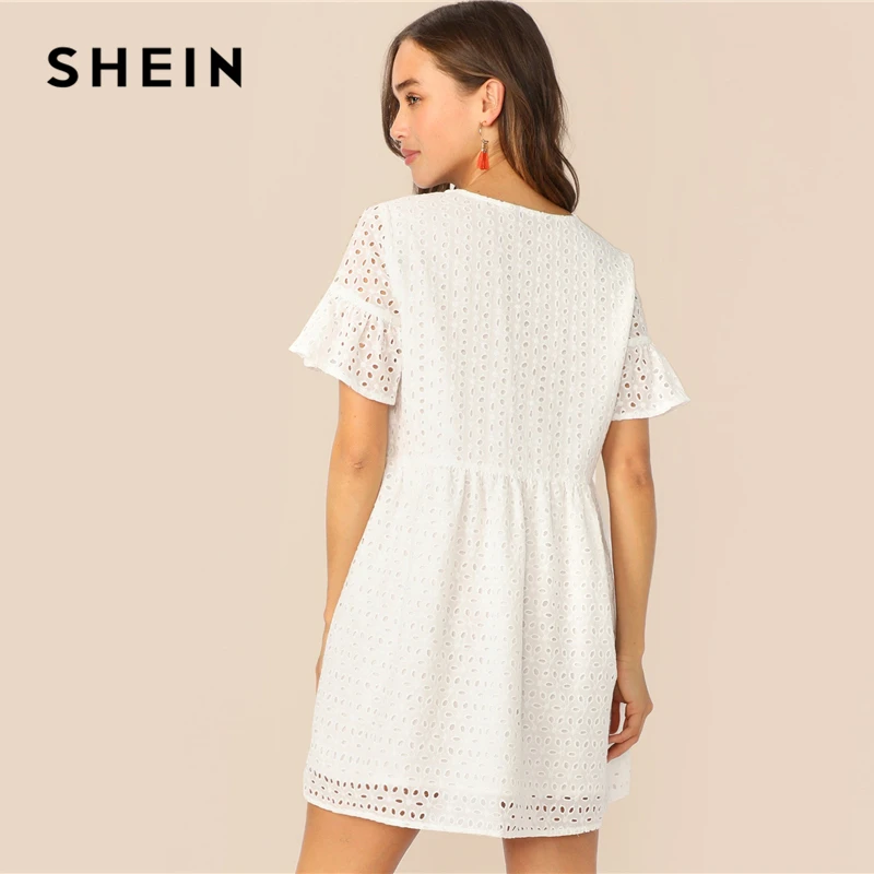 SHEIN Boho Flounce Short Sleeve Solid Schiffy Straight Summer Lace Dress Women Elegant O-Neck Tunic Shift Cute Dresses