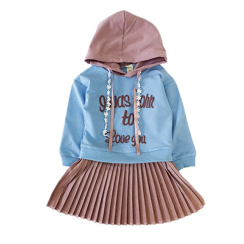 

2pcs/set Fashional Kids Girls Dresses Spring Hoodies Long Sleeve Pleated Dress Children Hooded Clothing Baby Girl Tutu Dresses