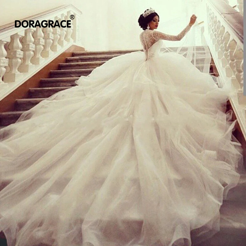 

Gorgeous Applique Lace V Neck Long Sleeves Wedding Dresses Cathedral Train Bridal Gowns vestido de noiva DG0052