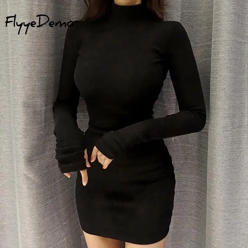 

Elastic Spring Dress 2019 Fall Women Sexy Casual Knit Sheath Mini Dresses Ladies Turtleneck Black Long Sleeve Bodycon Dress