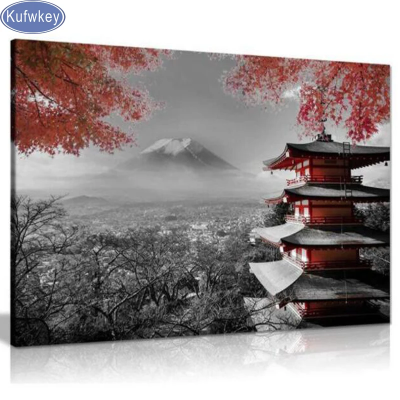 

5D DIY Diamond Painting Japanese Temple Autumn Black White art Red landscape Cross Stitch Mosaic diamond picture embroidery sale