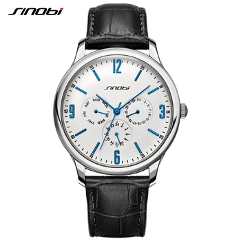 

SINOBI Casual Mens Wrist Watches Calendar Week Date Functions Leather Strap Business Males Geneva Quartz Clock Slim Hands Watch