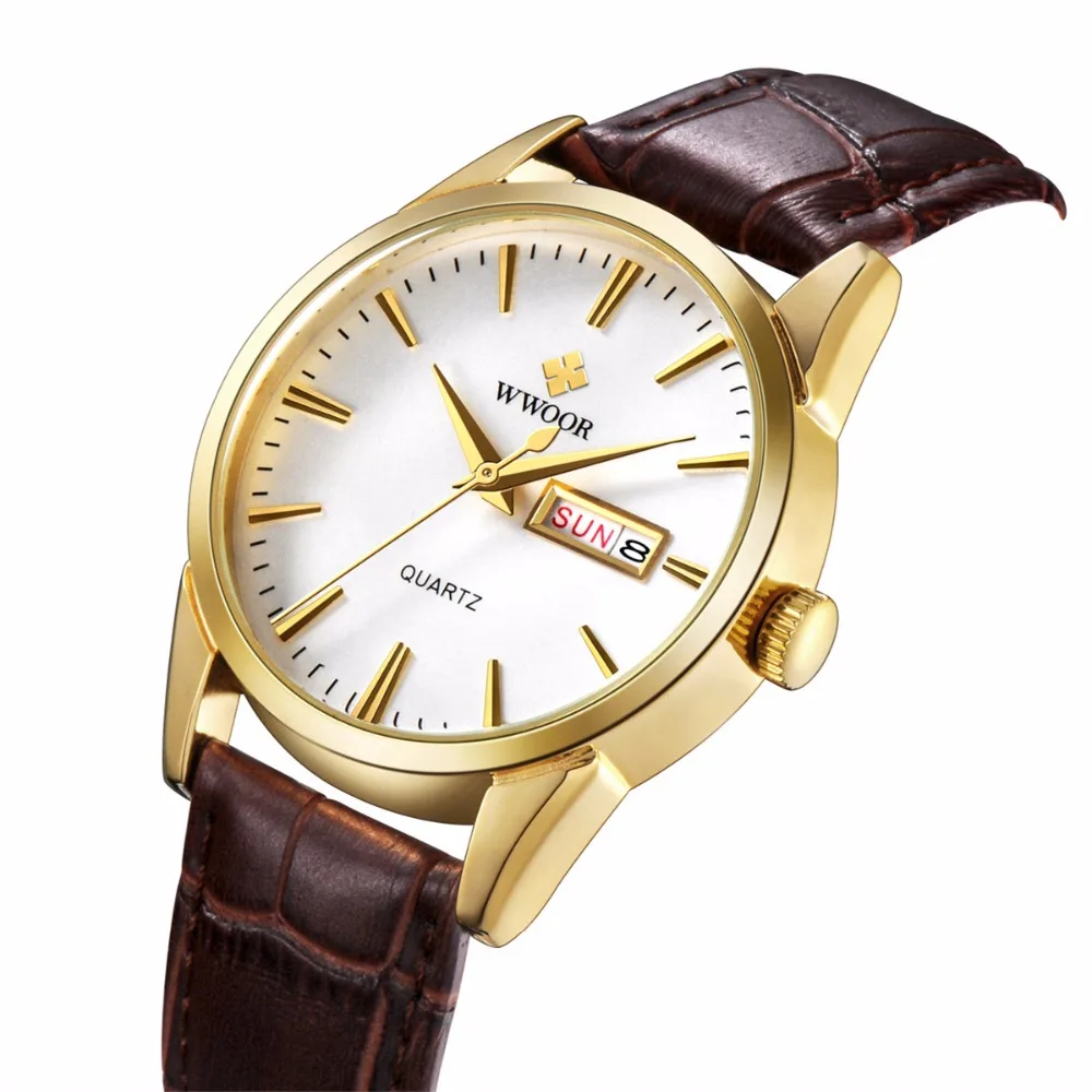 

WWOOR Brand Leather erkek kol saati Male Date Clock Men Fashion Quartz-Watch montre homme Wristwatches for Men Relogio Masculino