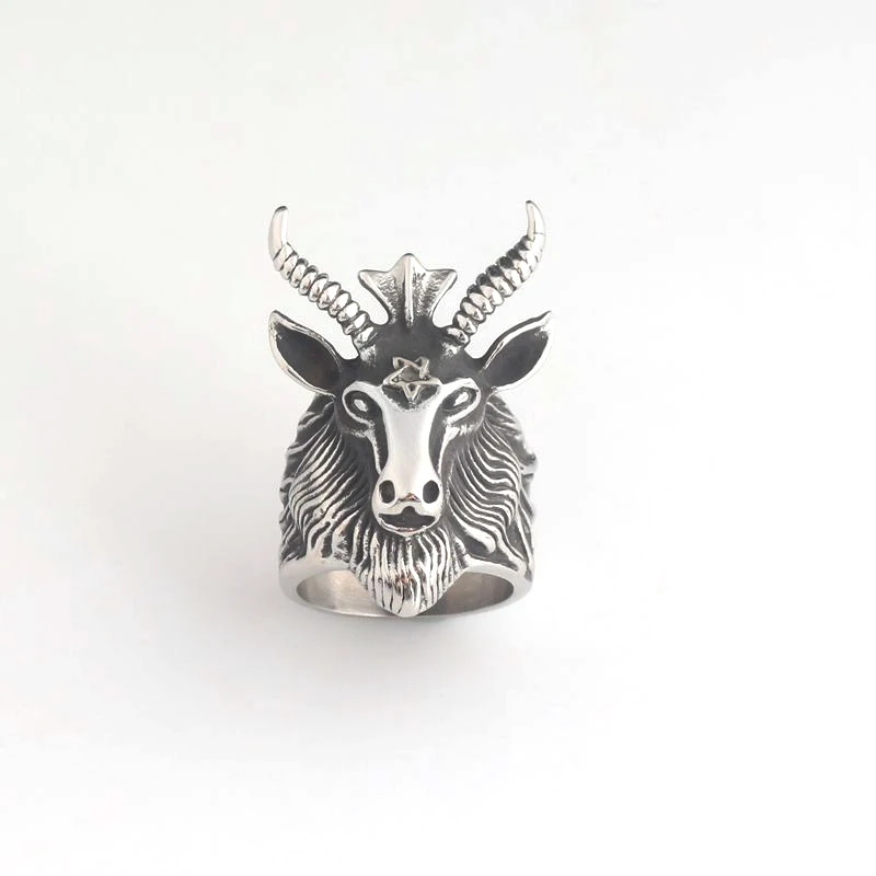 

Vintage Antique Silver Men Rings Satan Worship Baphomet Ram Aries Zodiac Rings Goat Head Jewelry Anillos