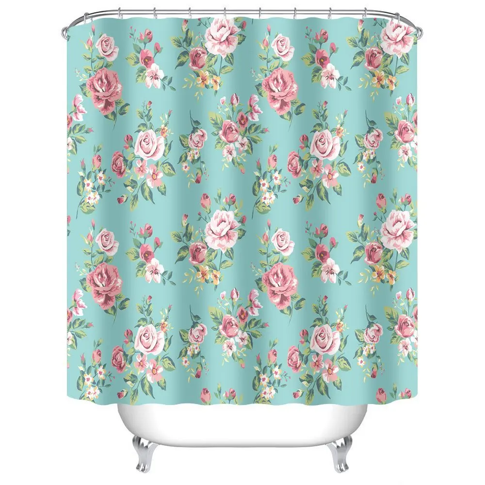 Pink Rose Flower with Leaves Customized Bathroom Shower Curtain Aqua