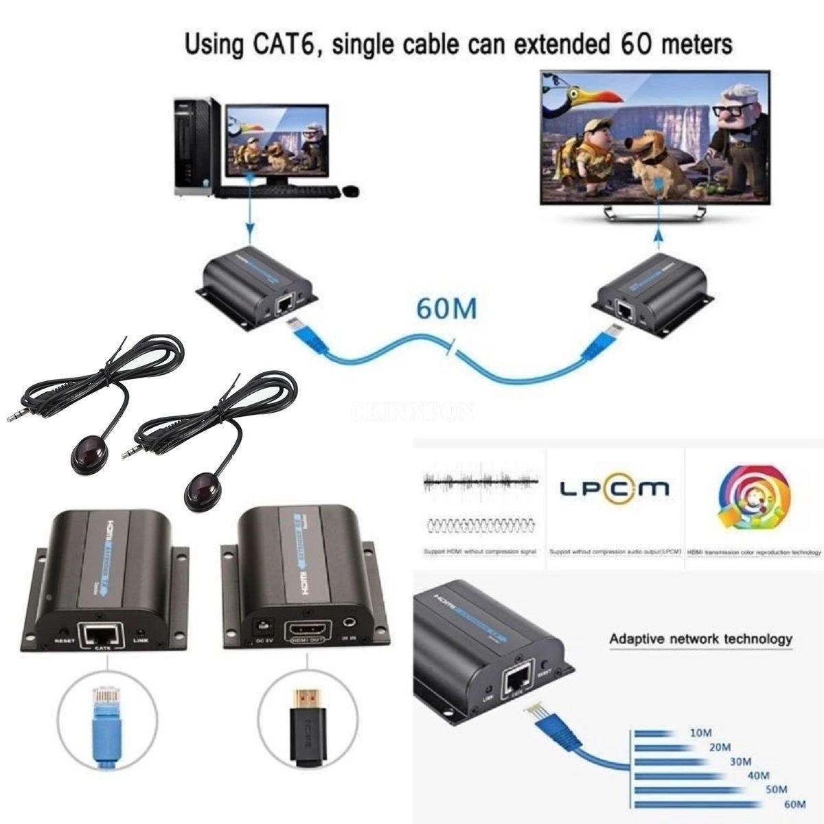 10 세트 3D 1080P HDMI 호환 네트워크 익스텐더 케이블 IR Cat6/6A 이더넷 케이블 60M