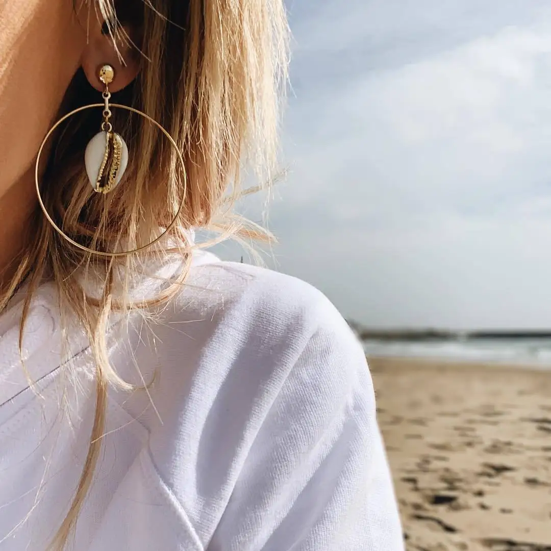 

2019 Punk Gold Hyperbole Big Circle Dangle Earrings for Women Sea Shell Drop Earrings Round Brincos Earring Summer Dress Jewelry