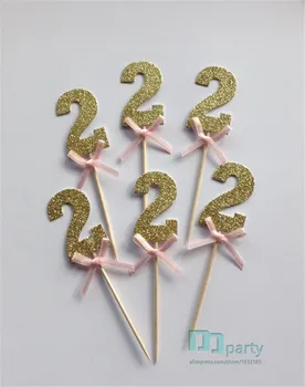 

Gold Glitter Number 2 Cupcake Toppers with Pink Bow, Gold 2nd Birthday Cake Toppers, Wedding Anniversary Cake Toppers