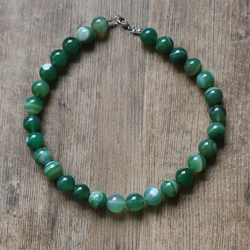 

New Design Trendy 12mm 8mm Green Stripe Onyx Agat Round Beads Natural Stone Chain Necklace Jewelry