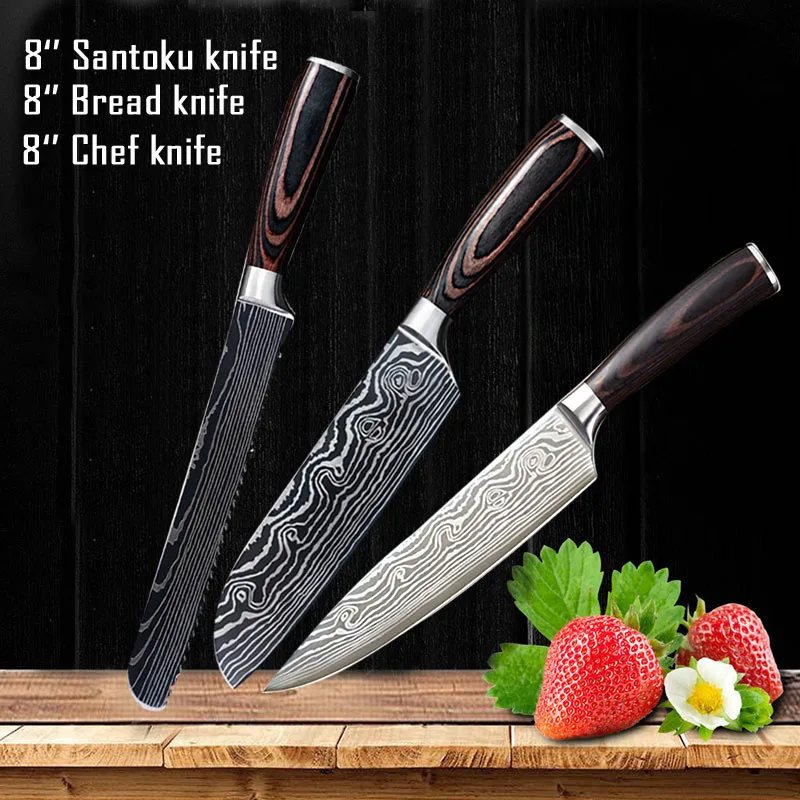 Набор кухонных ножей лезвия из нержавеющей стали Дамасские лазерные наборы шеф-ножей Santoku инструменты для приготовления пищи Кухонные - Цвет: 3PCS A
