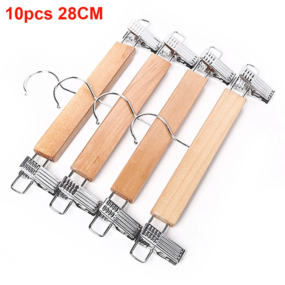 10pcs Durable Skirt Practical Anti Slip Laundry Clothes Hanger Pants Home Anti-rust Natural Slack With Clips Wooden Adjustable