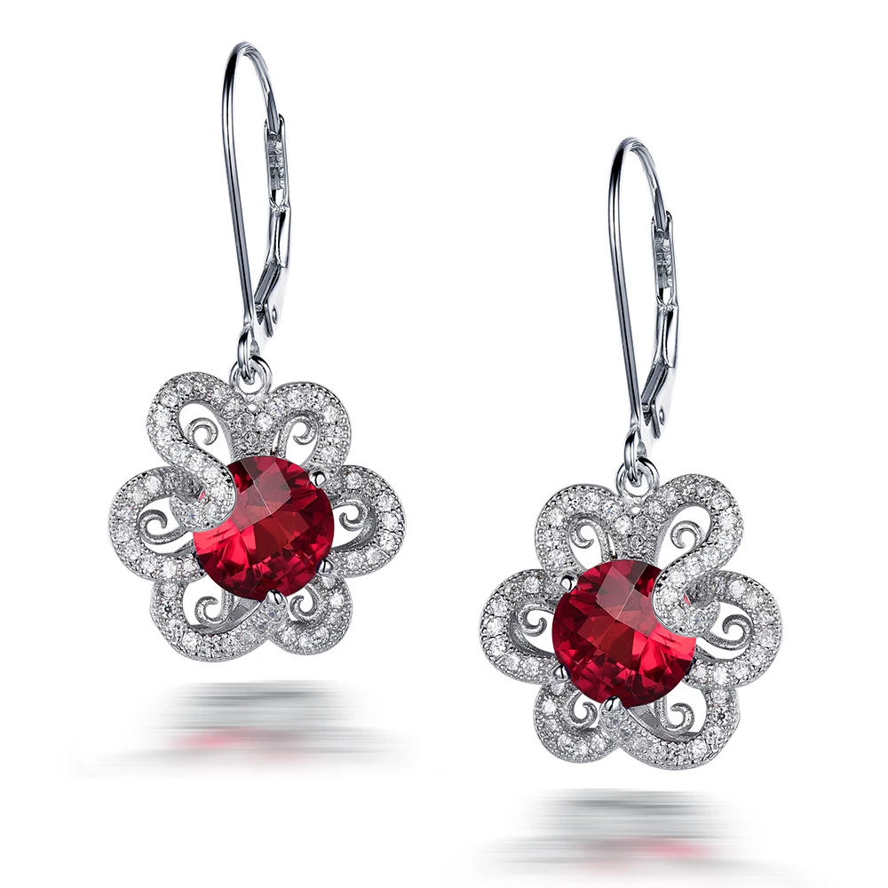 

l&zuan Real 925 Sterling Silver Drop Earrings 4.4ct Red Stone Flower Luxury Earrings Fine jewelry For Women