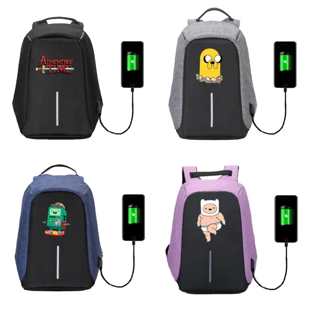 

USB Charge Anti Theft Backpack Men Women Waterproof bag School Bags Travel Backpack for anime Adventure Time Backpack 16 style