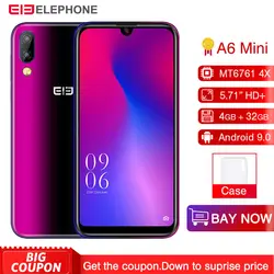 Elephone A6 Мини Android 9,0 MT6761 4 ядра смартфон 5,71 дюймов в виде капли воды, Экран HD + 4 Гб оперативной памяти, 32 Гб встроенной памяти/64 GB 16MP 3180 мА/ч, чехол