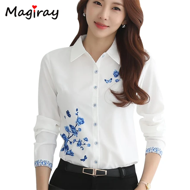 Long Sleeve Blue butterfly Flower Print Blouse Women 2021 Summer fall Top Elegant Work Office Plus Size Shirt White Blouse C181 1