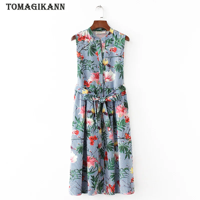 

Casual Striped Floral Print Blouse Dress 2019 Summer Stand Collar Sleeveless Sashes Dresses Vestidos