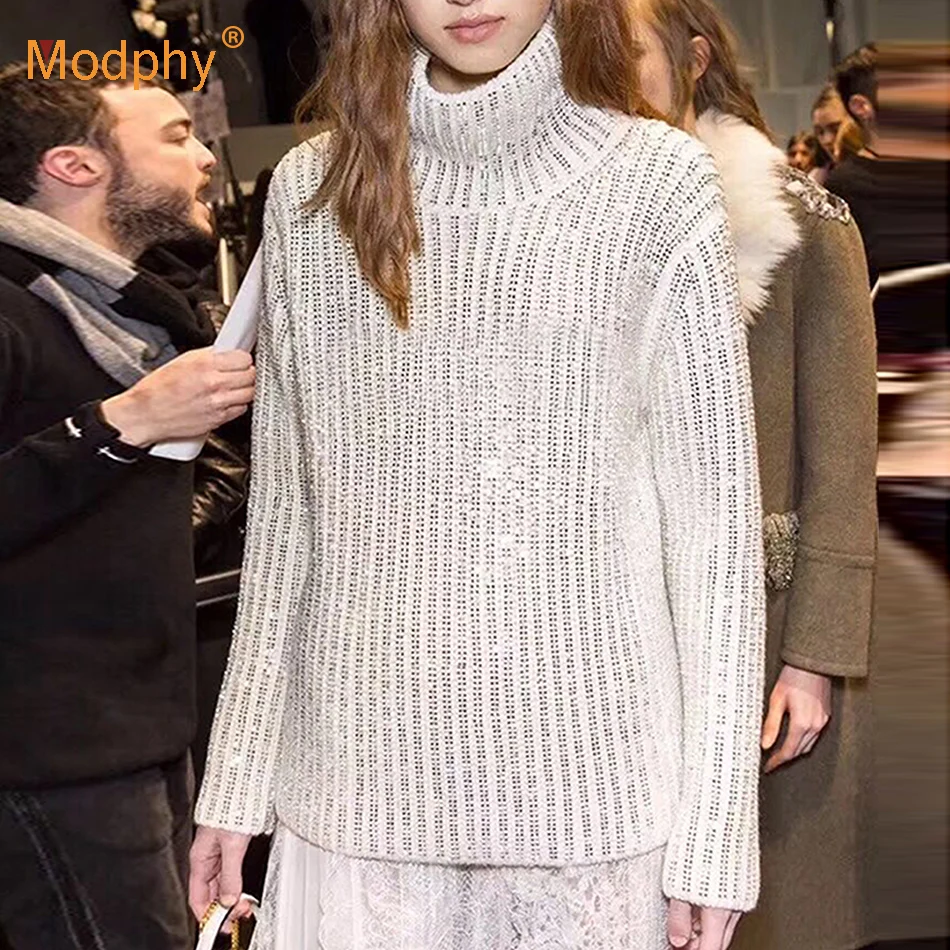 Price 2019 Autumn And Winter New Cashmere Sweater Ladies White Sequined Turtleneck Pullover Fashion Loose Sweater Long Sleeved Sweater