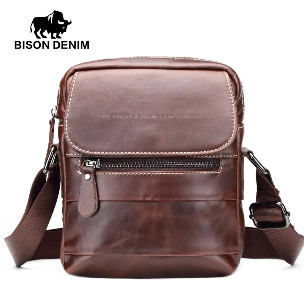BISON DENIM Brand Men's Genuine Leather Business Bag Small Flap Casual