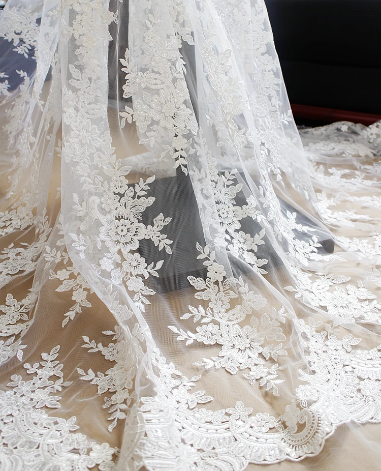 

Embroidery sequins flowers lace trim fabric tulle lace Off white/Light ivory bridal gown lace fabric sewing lace for wedding