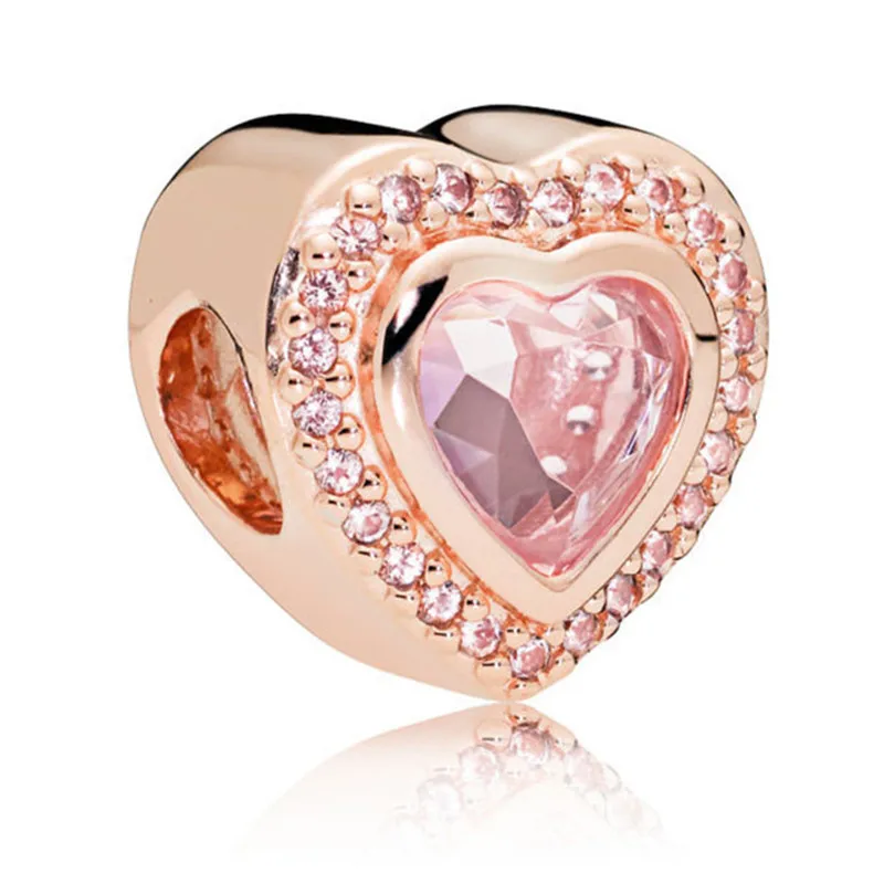 

925 Pure Silver Bead Rose Sparkling Love Heart Charm Fit Original Pandora Bracelet Bangle Necklace for Women DIY Jewelry Gift