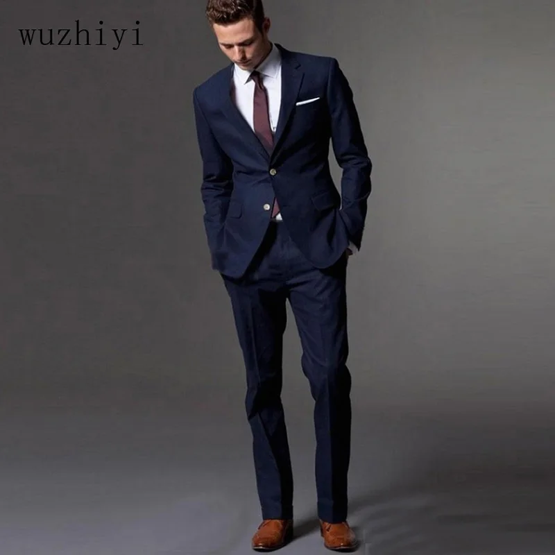 Wuzhiyi Нарядные Костюмы для свадьбы темно-синий мужской костюм Slim Fit Жених смокинги индивидуальные костюм bespoke свет Темно-синие свадебные костюмы для мужчин